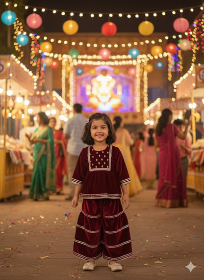 Mirror-Embroidery Velvet  Kurti With Sharara