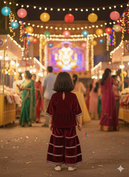 Mirror-Embroidery Velvet  Kurti With Sharara