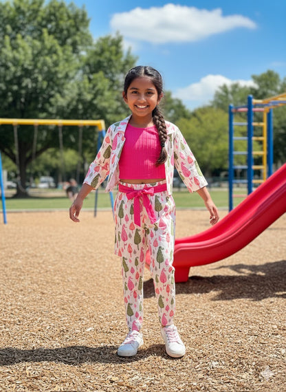 Pink Block Printed 3 Piece Girls Co-Ords