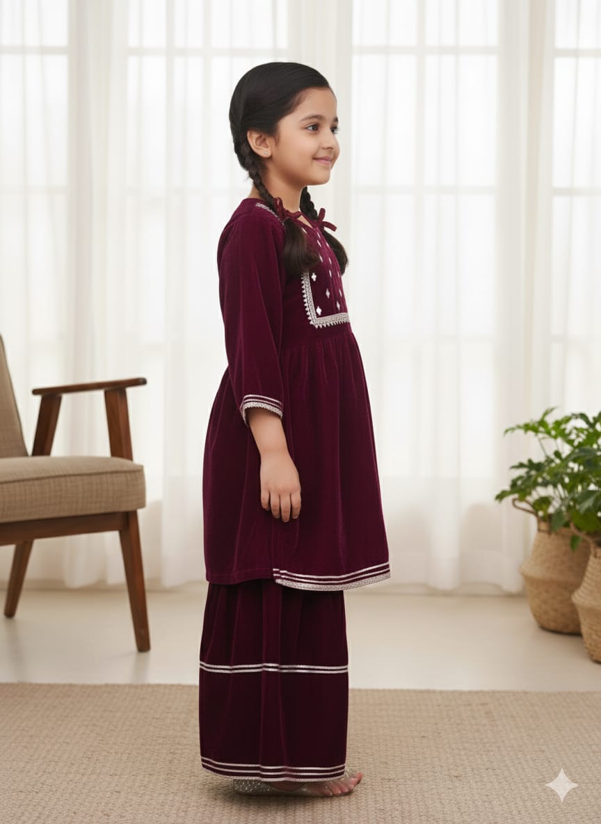 Wine Coloured Mirror-Embroidery Velvet  Kurti With Sharara