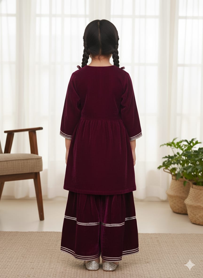 Wine Coloured Mirror-Embroidery Velvet  Kurti With Sharara