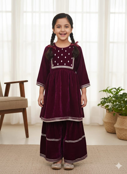 Wine Coloured Mirror-Embroidery Velvet  Kurti With Sharara