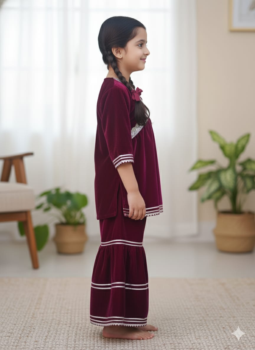 Pink Coloured Alia Cut Velvet Kurti With Sharara