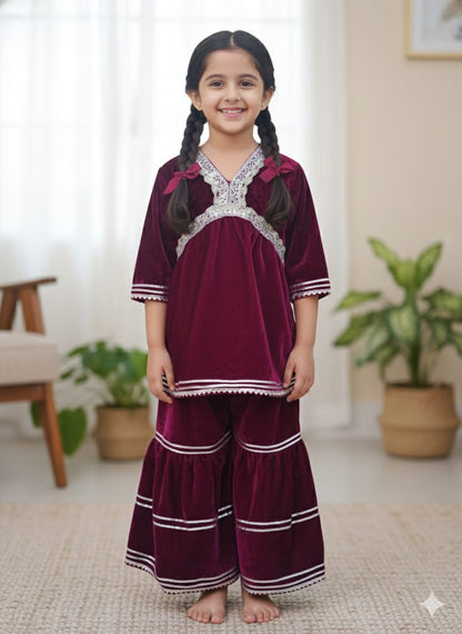 Royel Blue Coloured Alia Cut Velvet  Kurti With Sharara