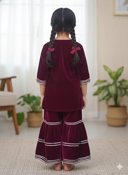 Royel Blue Coloured Alia Cut Velvet  Kurti With Sharara