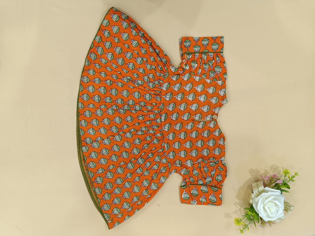 Orange Lotus Buti Angrakha Kurti with Tulip Pant