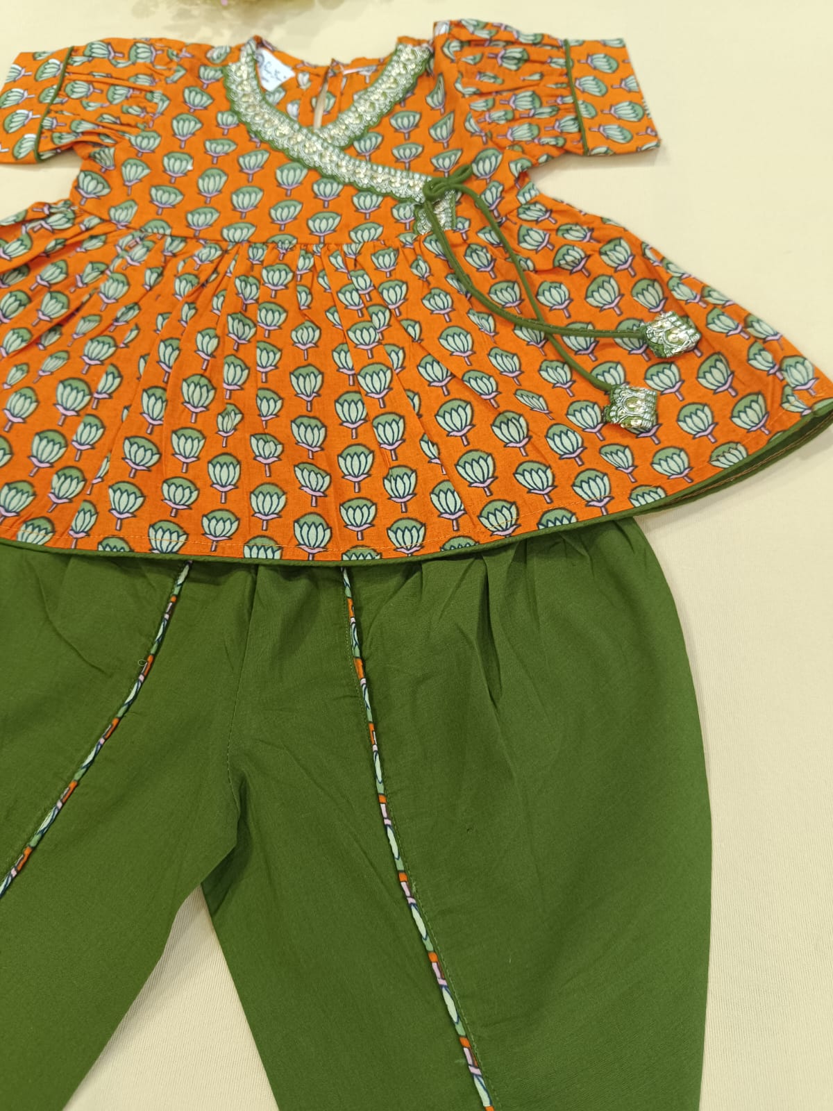 Orange Lotus Buti Angrakha Kurti with Tulip Pant
