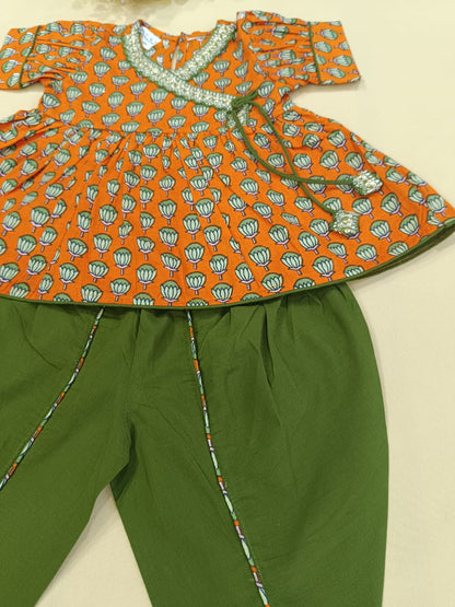 Orange Lotus Buti Angrakha Kurti with Tulip Pant