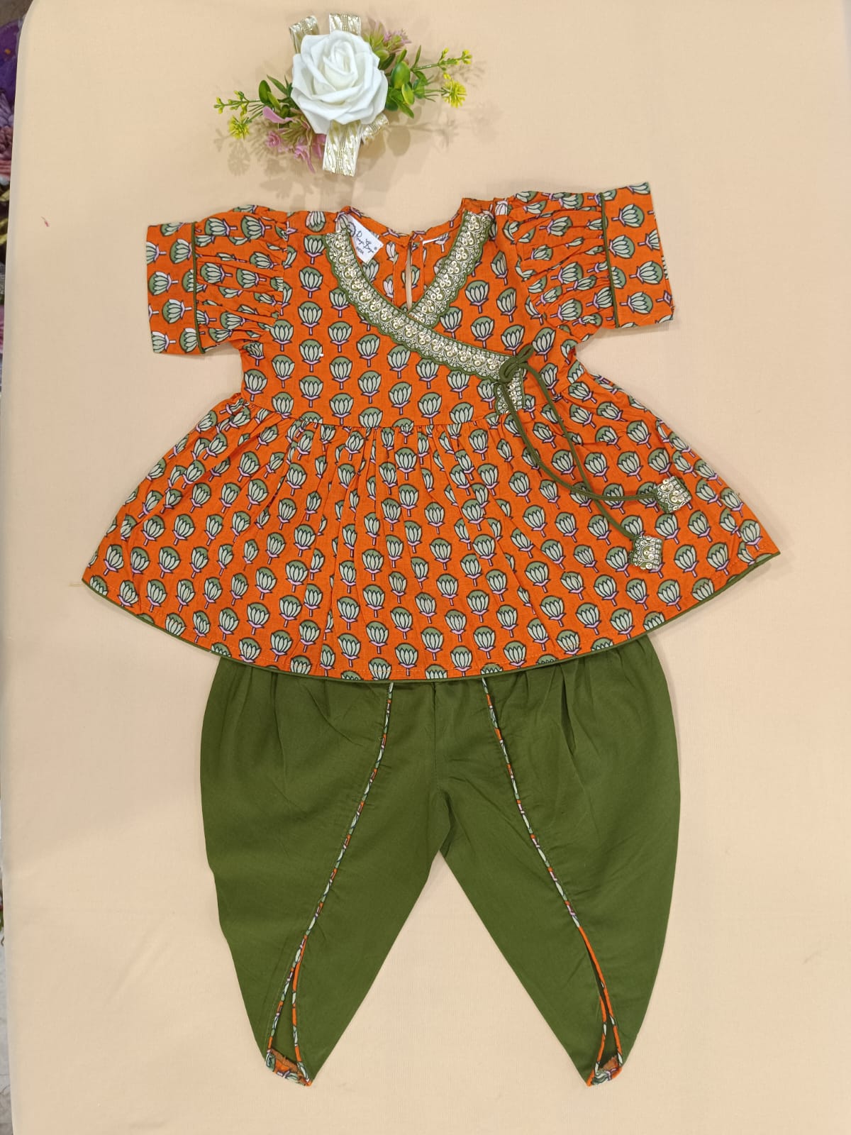 Orange Lotus Buti Angrakha Kurti with Tulip Pant