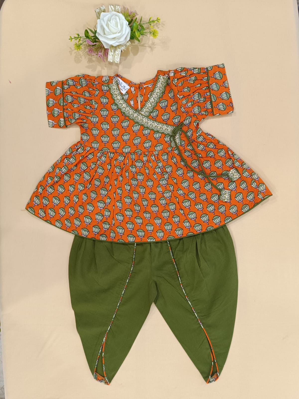 Orange Lotus Buti Angrakha Kurti with Tulip Pant
