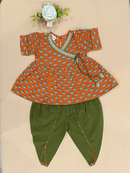 Orange Lotus Buti Angrakha Kurti with Tulip Pant