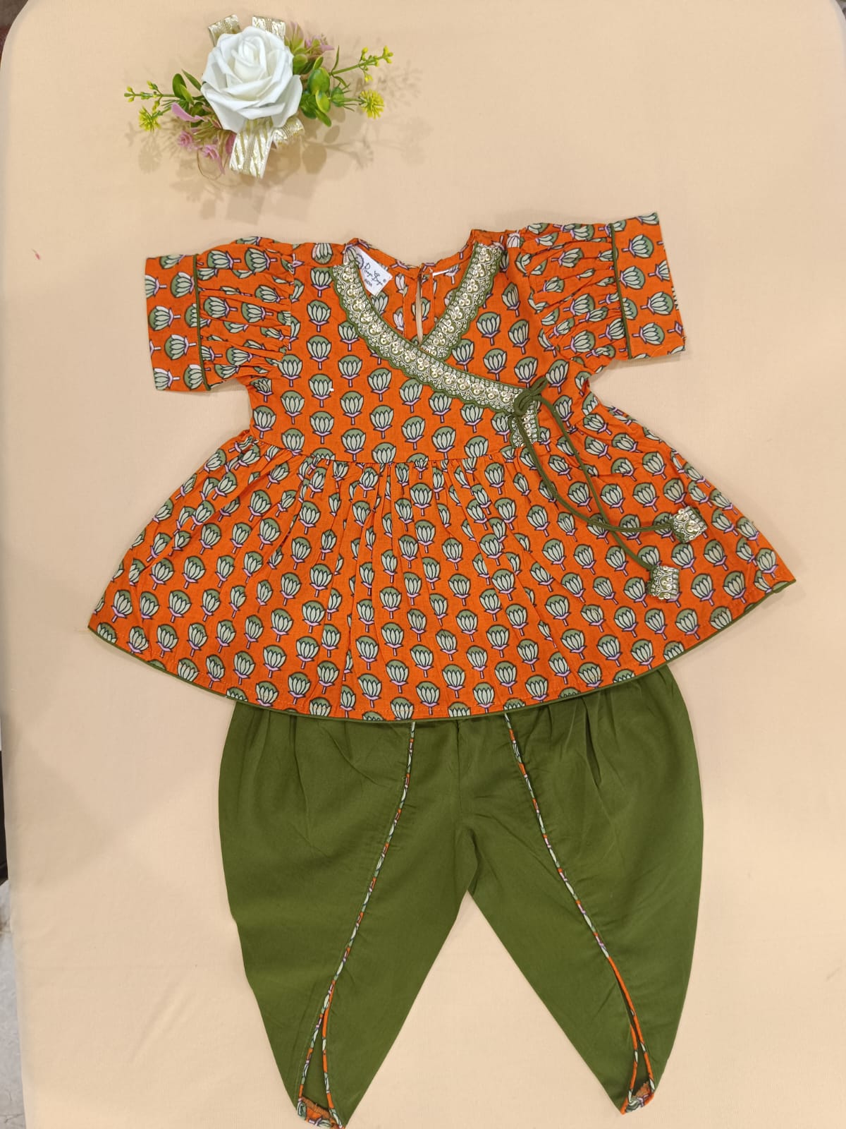 Orange Lotus Buti Angrakha Kurti with Tulip Pant