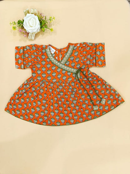 Orange Lotus Buti Angrakha Kurti with Tulip Pant