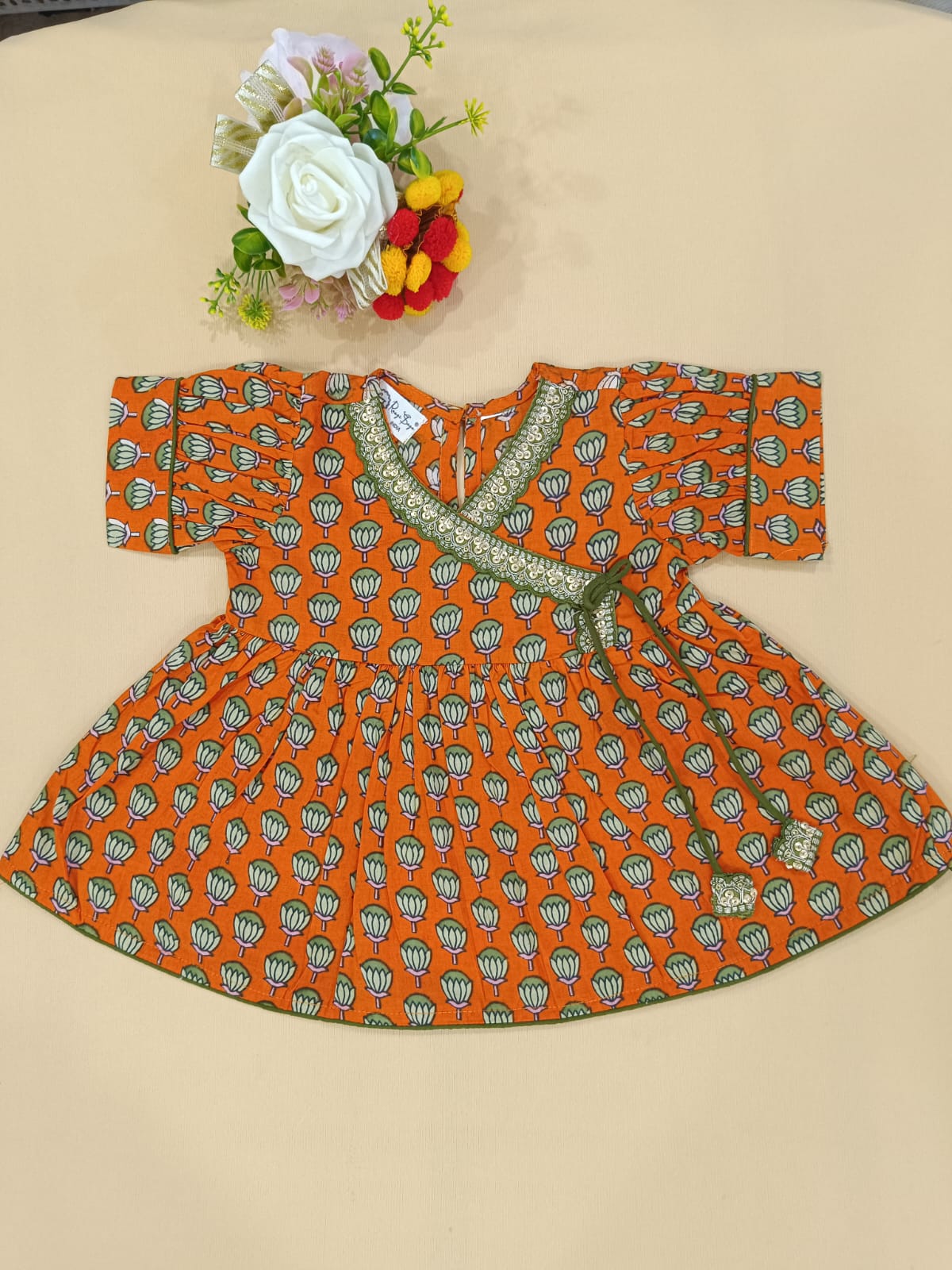Orange Lotus Buti Angrakha Kurti with Tulip Pant
