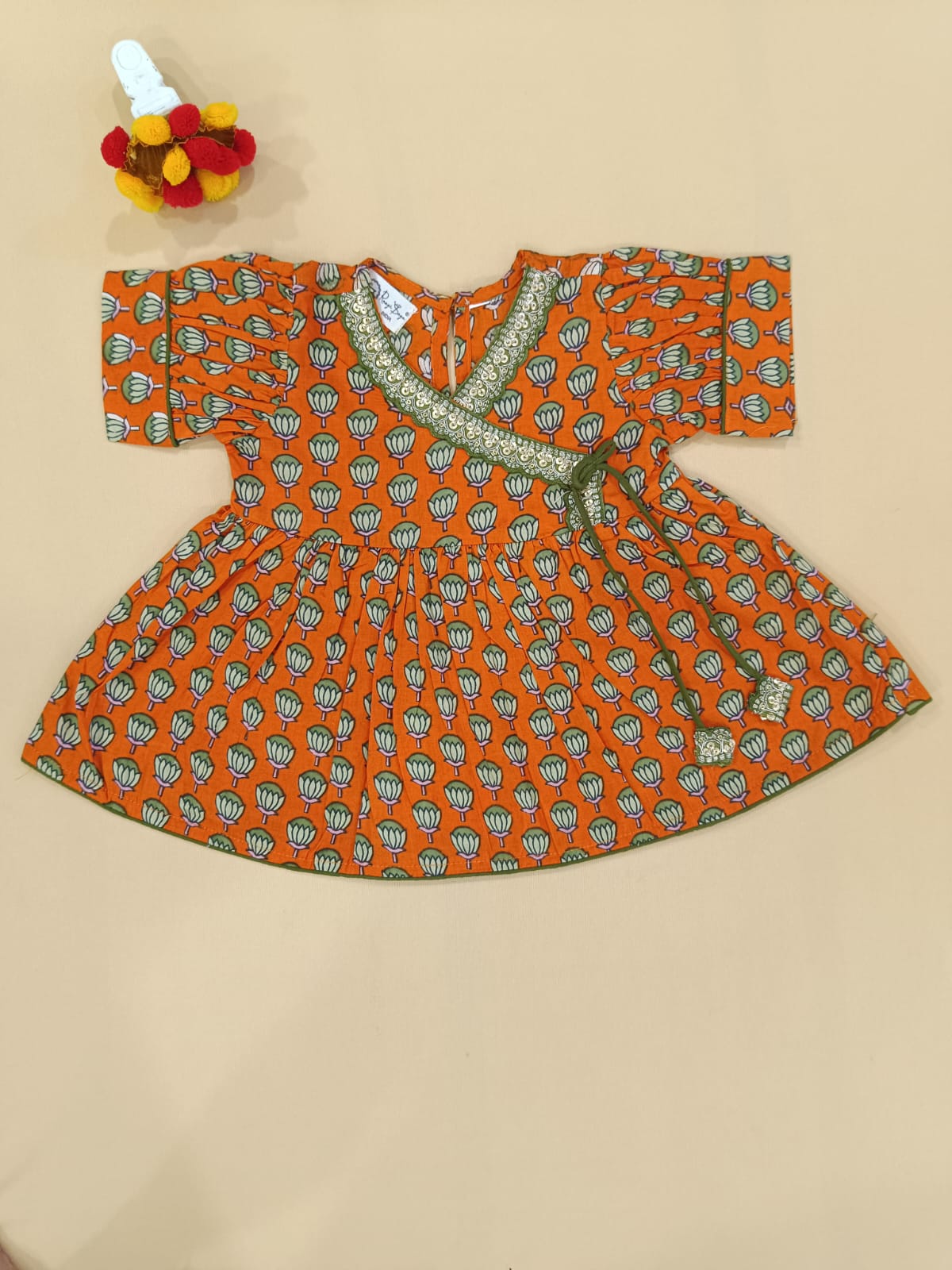 Orange Lotus Buti Angrakha Kurti with Tulip Pant
