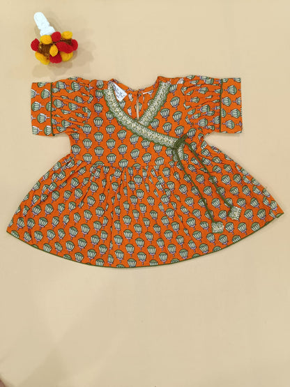 Orange Lotus Buti Angrakha Kurti with Tulip Pant