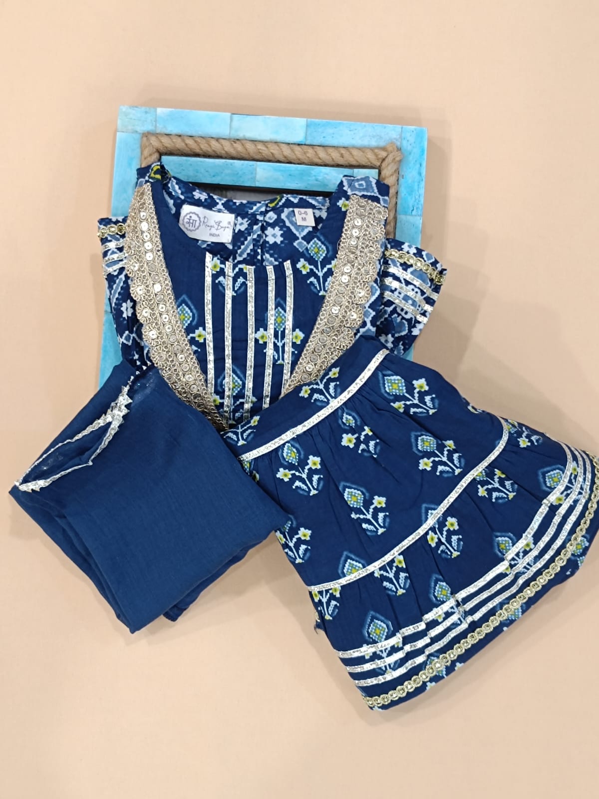 Girls Patola Printed Cambric Cotton Kurti Sharara Set with Dupatta
