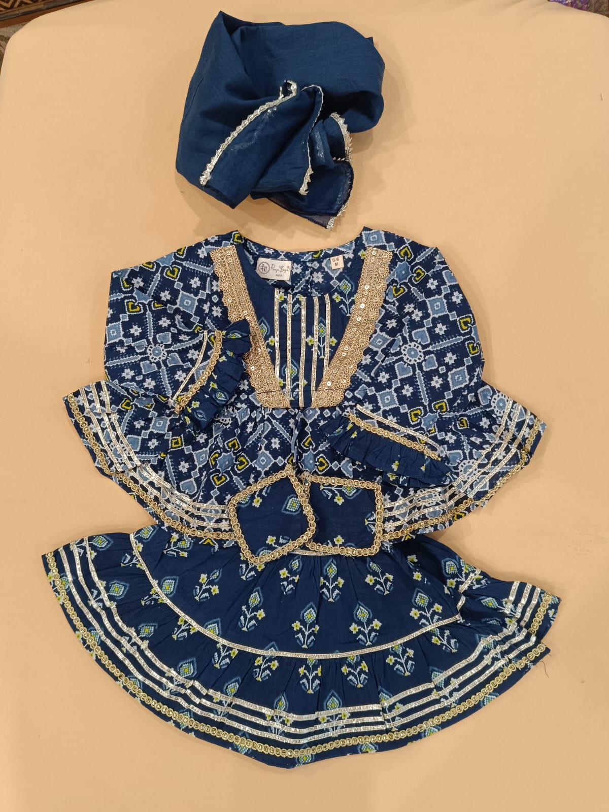 Girls Patola Printed Cambric Cotton Kurti Sharara Set with Dupatta