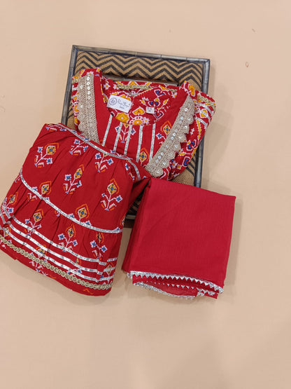 Red Patola Printed Cambric Cotton Kurti Sharara Set with Dupatta