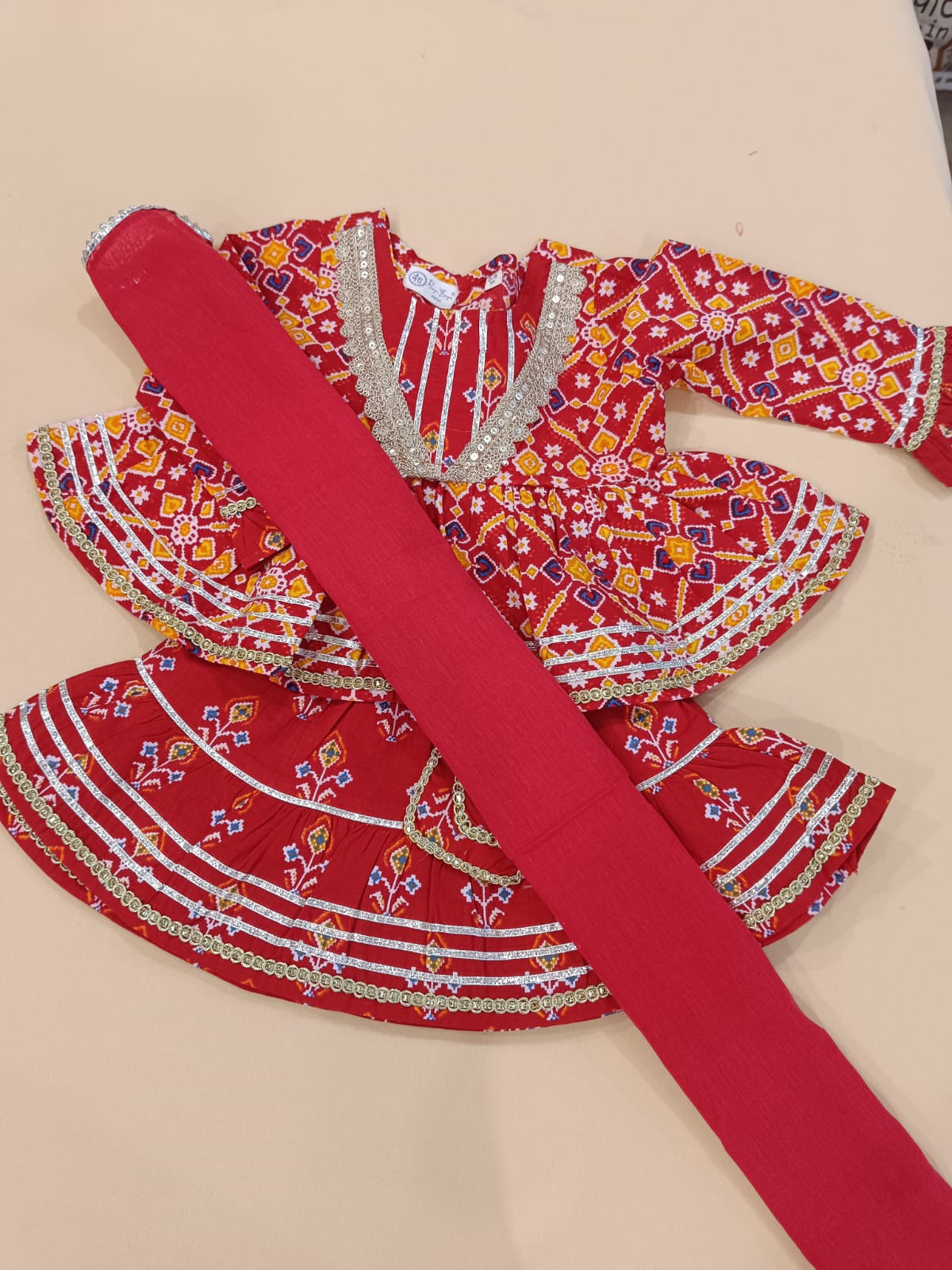 Red Patola Printed Cambric Cotton Kurti Sharara Set with Dupatta