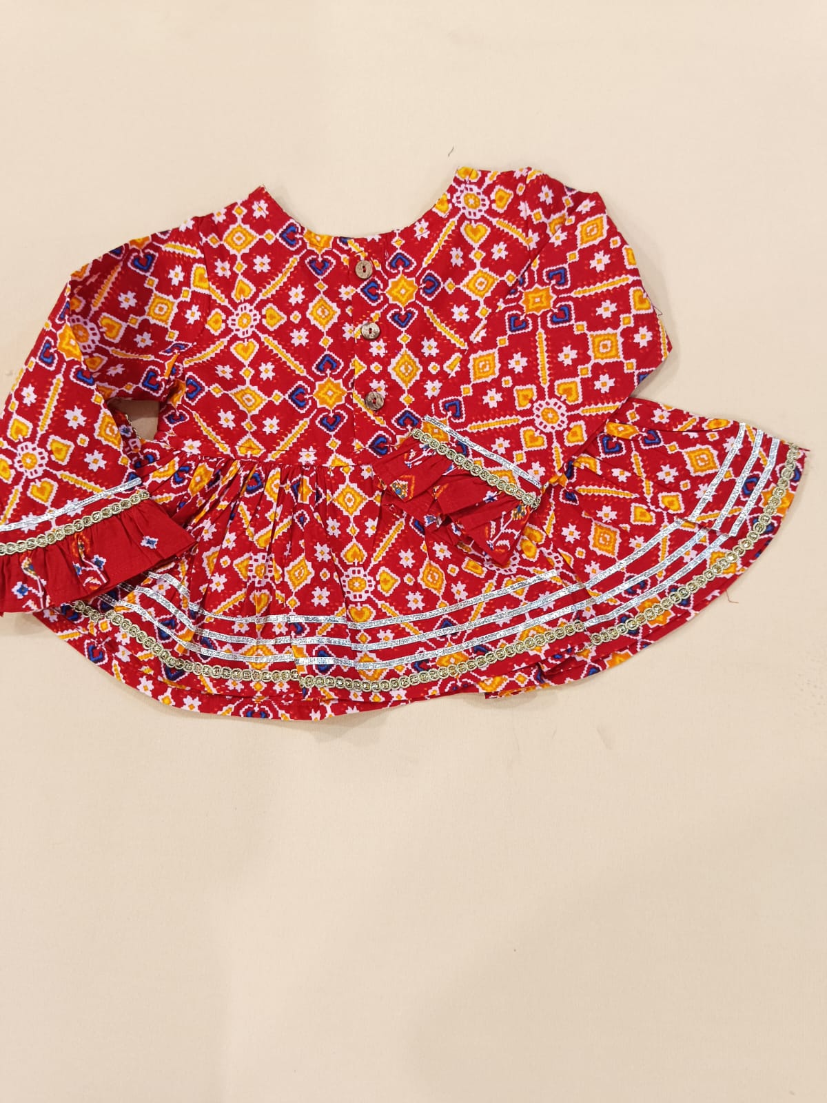 Red Patola Printed Cambric Cotton Kurti Sharara Set with Dupatta