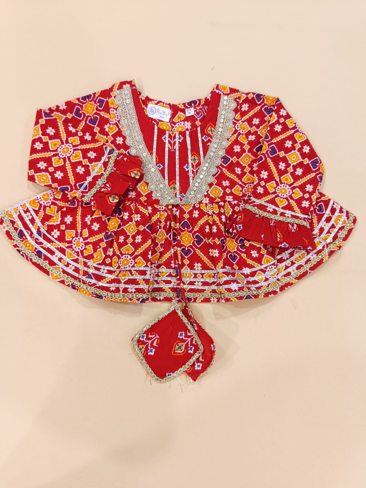 Red Patola Printed Cambric Cotton Kurti Sharara Set with Dupatta