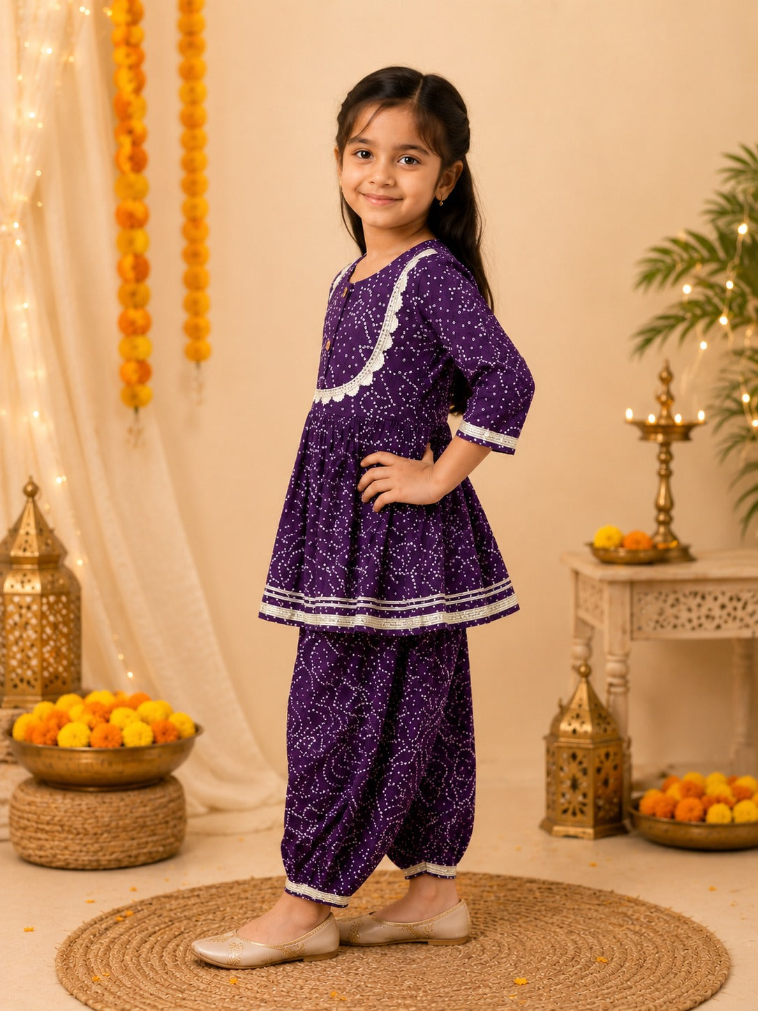 Purple Bandhej Anarkali Kurta with Afghani Salwar