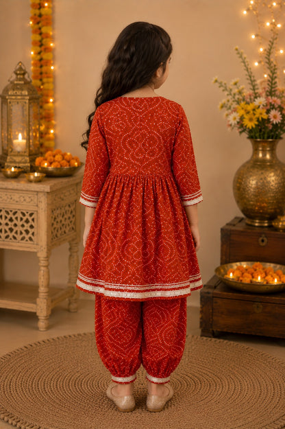 Rust Bandhej Anarkali Kurta with Afghani Salwar
