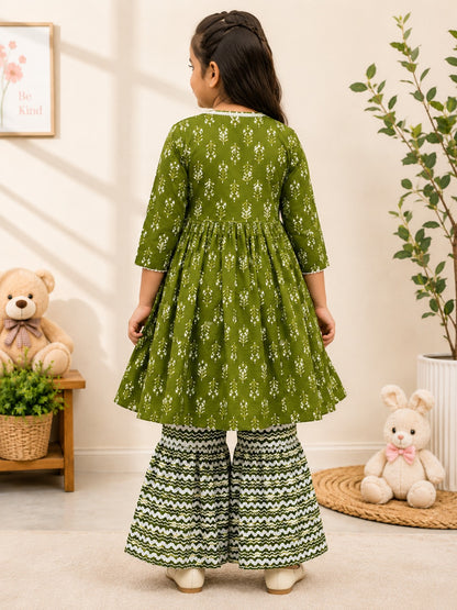 Block Printed Heena Green Coloured Anakari Suit with Sharara