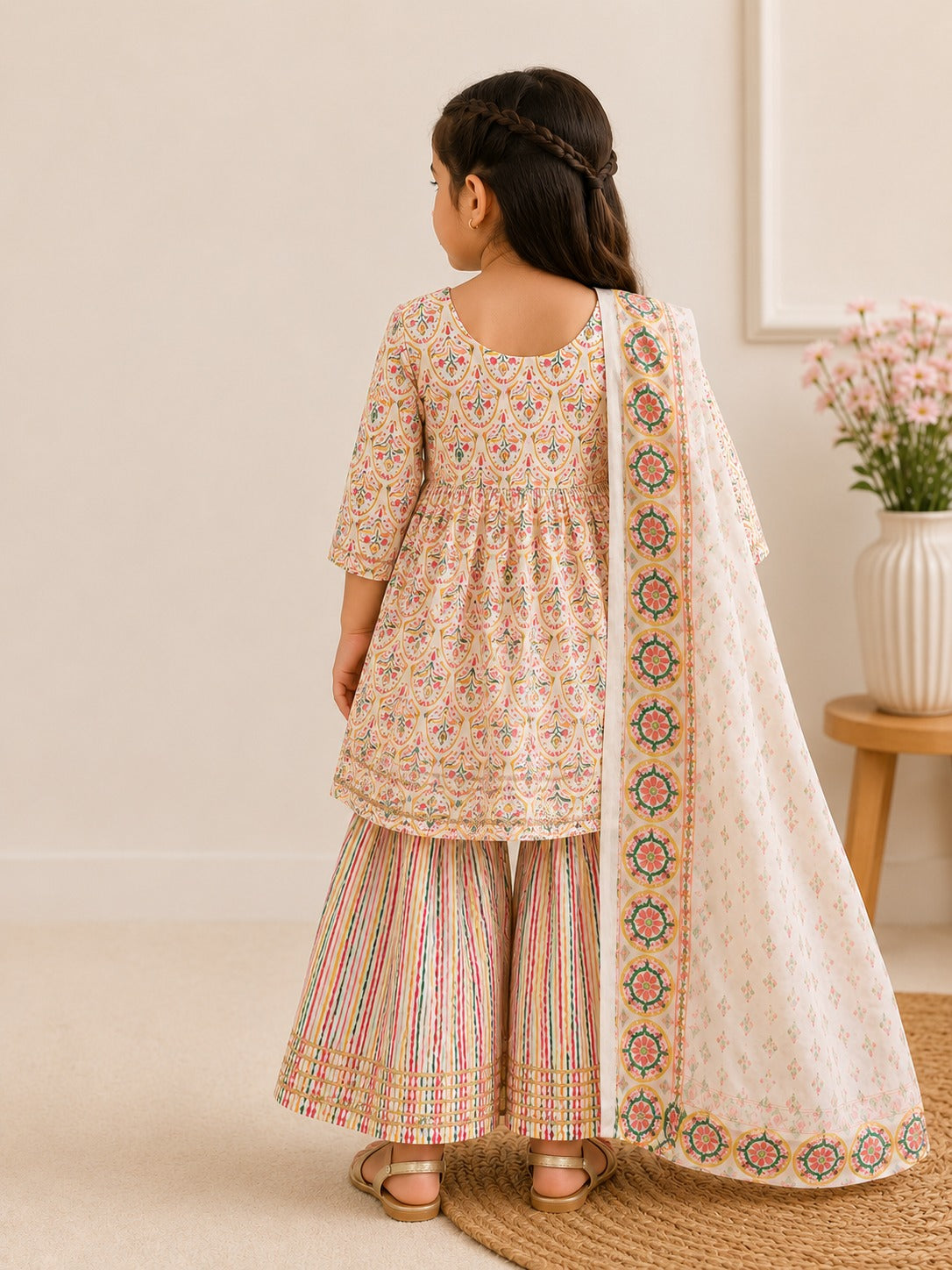 Block Print Cream Coloured Sharara  With Anarkali Suit