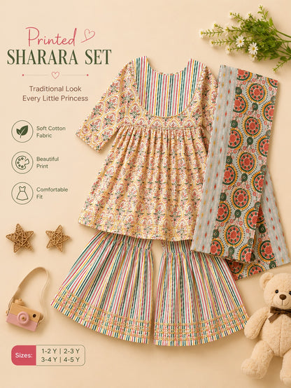 Block Print Cream Coloured Sharara  With Anarkali Suit
