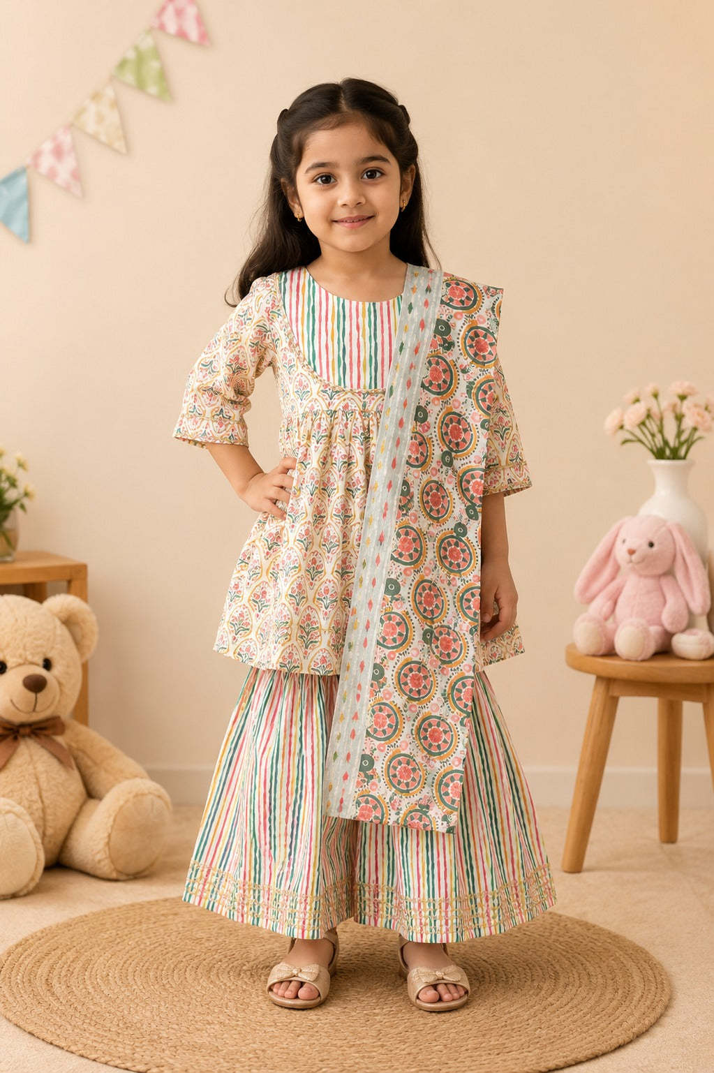 Block Print Cream Coloured Sharara  With Anarkali Suit