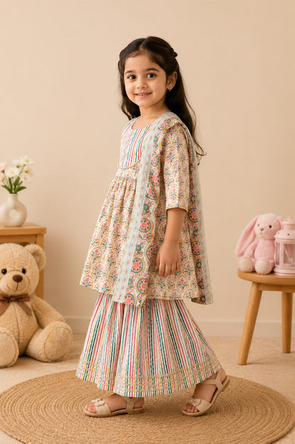 Block Print Cream Coloured Sharara  With Anarkali Suit