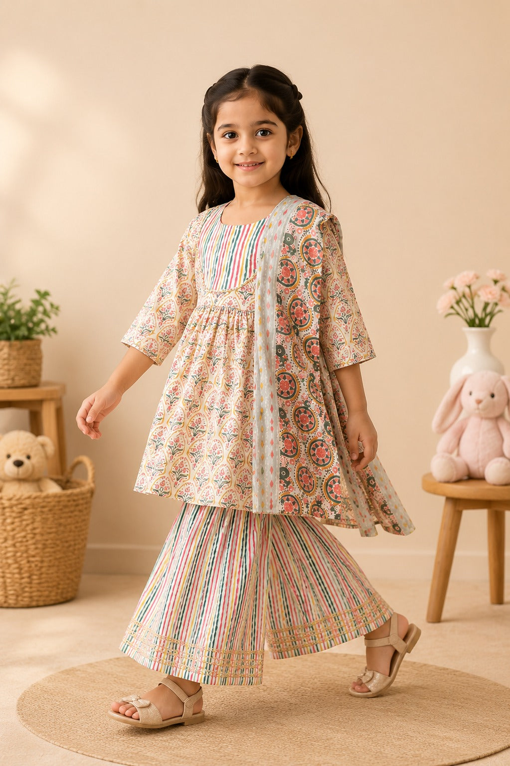 Block Print Cream Coloured Sharara  With Anarkali Suit