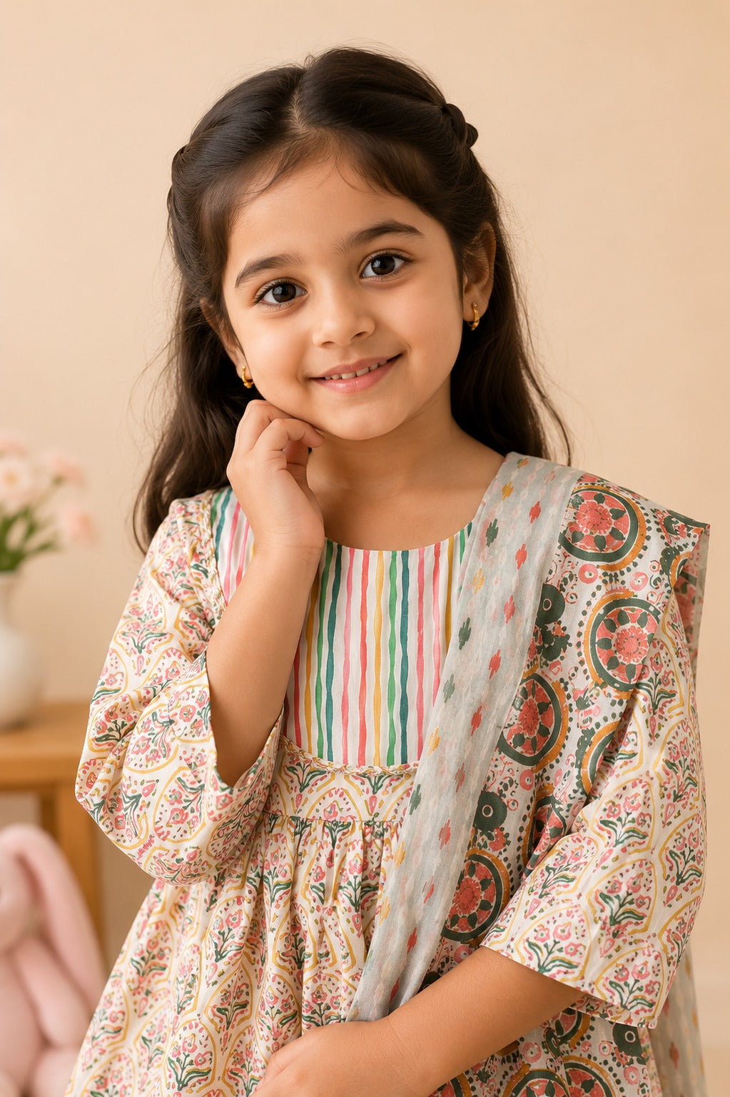 Block Print Cream Coloured Sharara  With Anarkali Suit