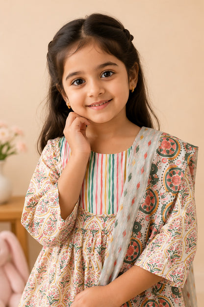 Block Print Cream Coloured Sharara  With Anarkali Suit