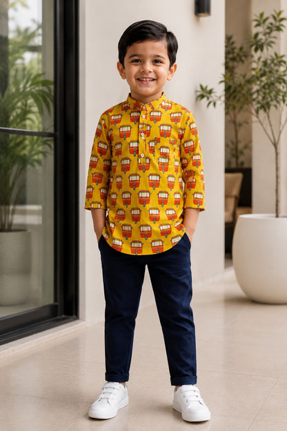 Powder Yellow Quirky Auto  print kurta Shirt