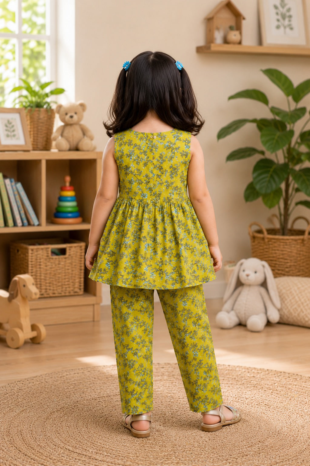 Flower Printed Olive Green Girls Co-Ord Set