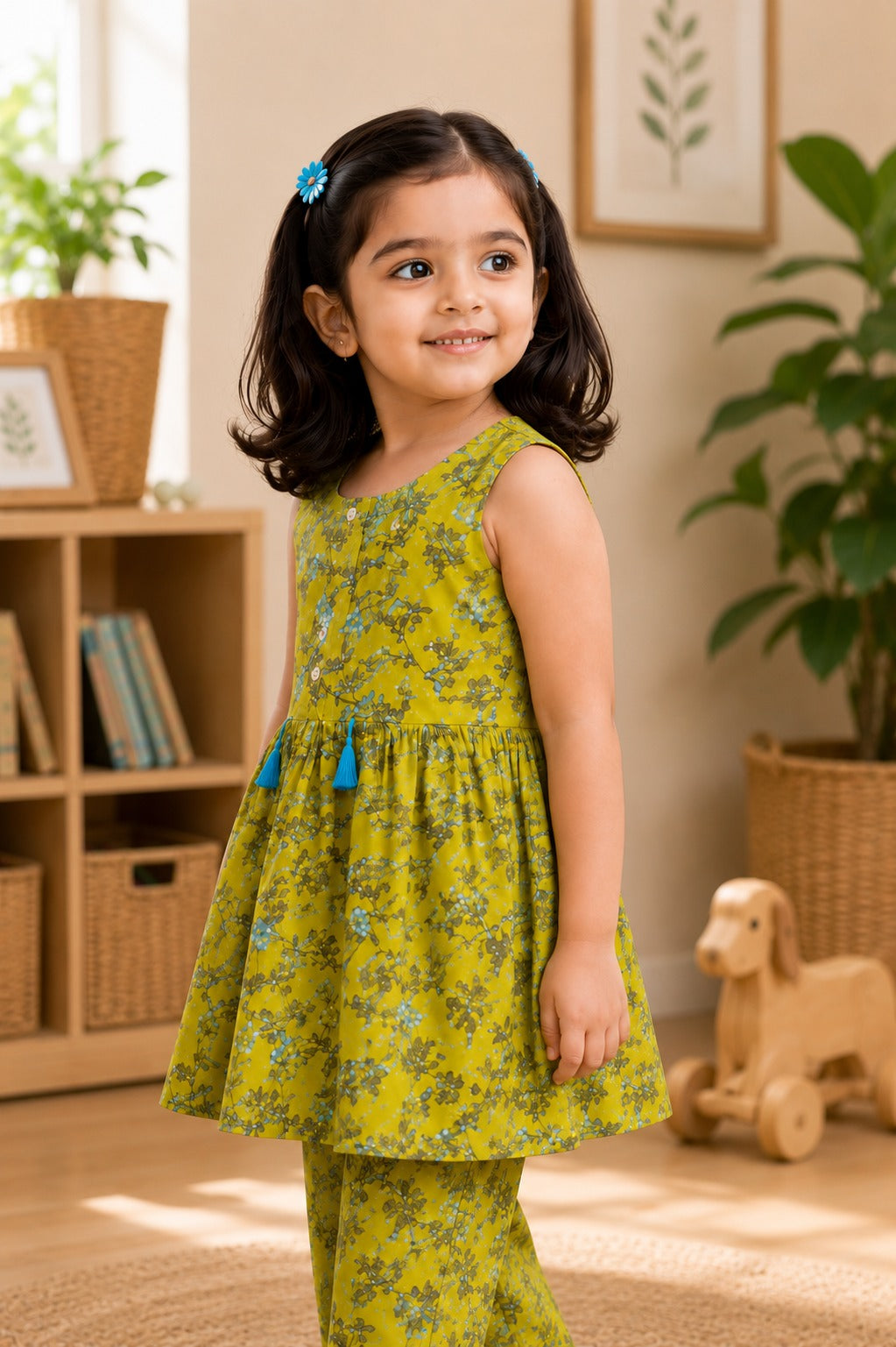 Flower Printed Olive Green Girls Co-Ord Set