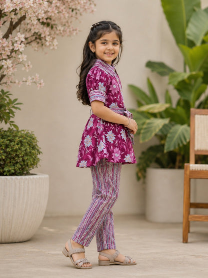 Flower Print Wine Colour Girls Co-Ords