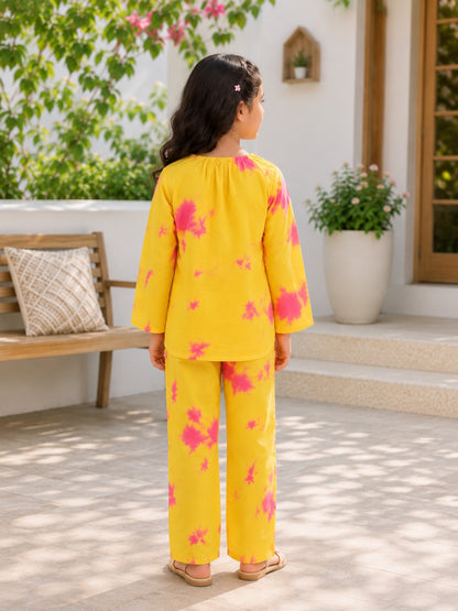 Marble Tie & Dye Print Yellow Pink Colour Girls Co-Ords