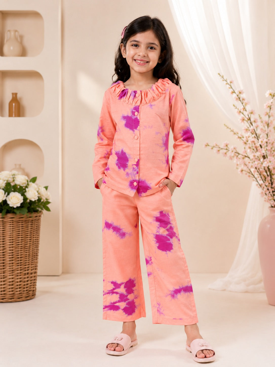 Marble Tie & Dye Print Peach Pink Colour Girls Co-Ords