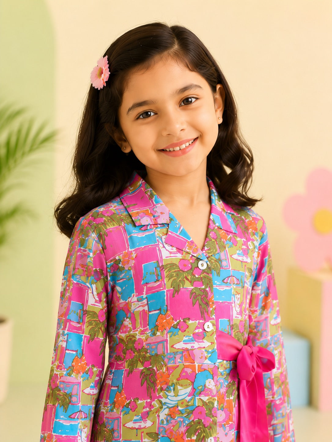 Pink Colour Tropical Print Girls Co-Ord Set