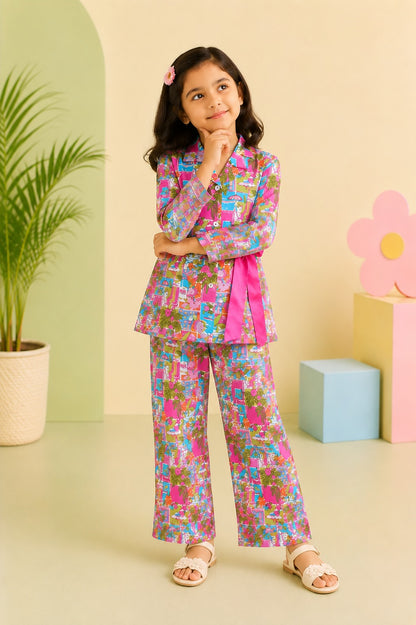 Pink Colour Tropical Print Girls Co-Ord Set