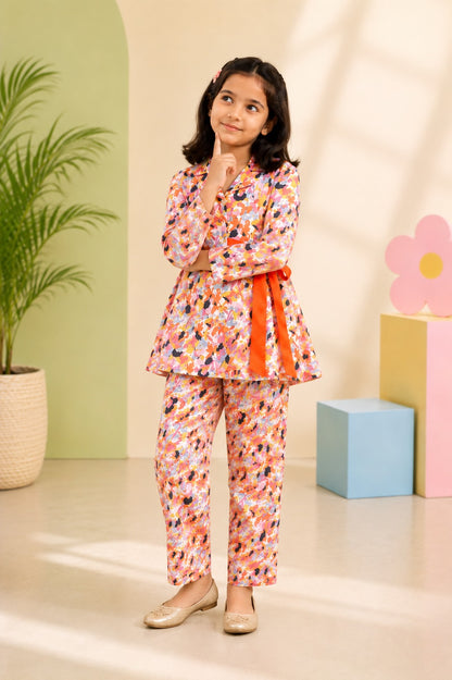 Orange Colour Flower Print Girls Co-Ord Set