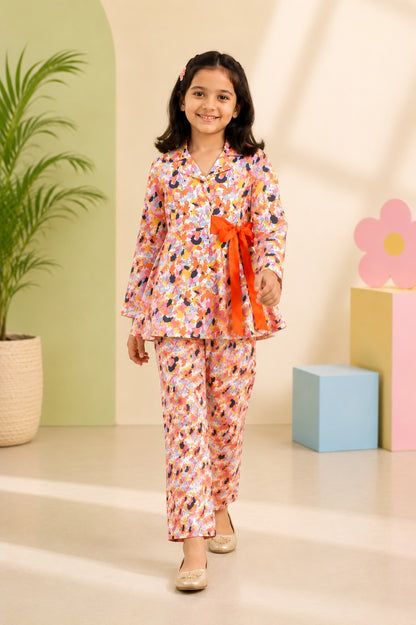 Orange Colour Flower Print Girls Co-Ord Set
