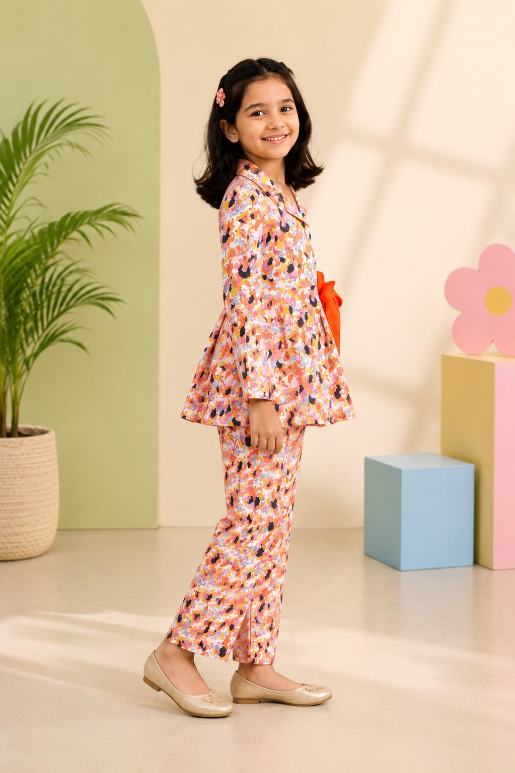 Orange Colour Flower Print Girls Co-Ord Set