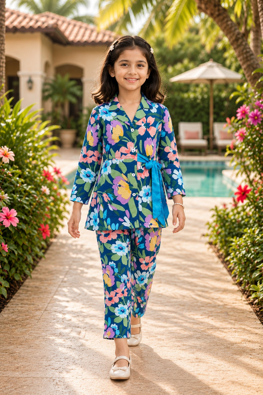 Blue coloured Flower Printed Girls Co-Ord Set