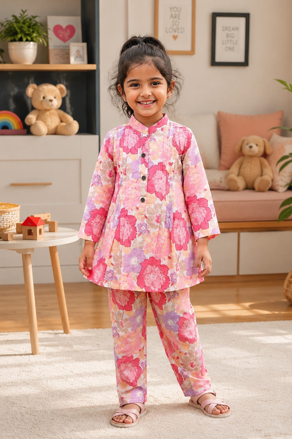 Pink Flower Printed Girls Co-Ord Set