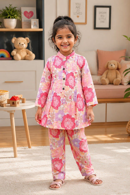 Pink Flower Printed Girls Co-Ord Set